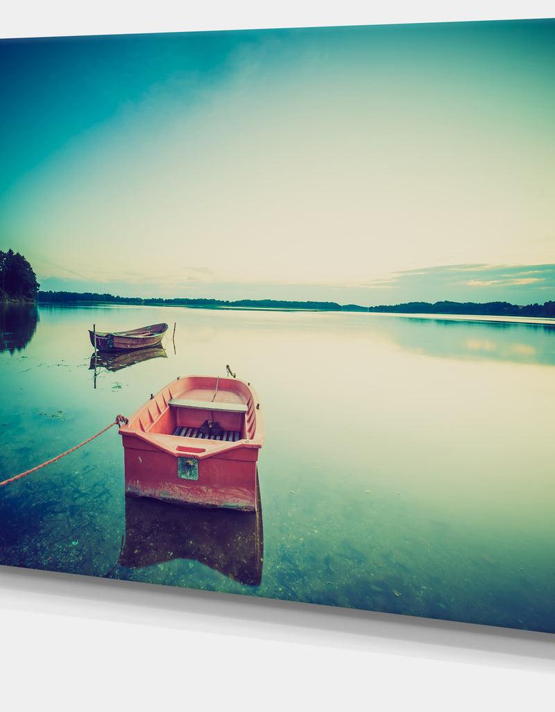DesignQ Pink Boat In Vintage Lake - Boat Canvas Artwork