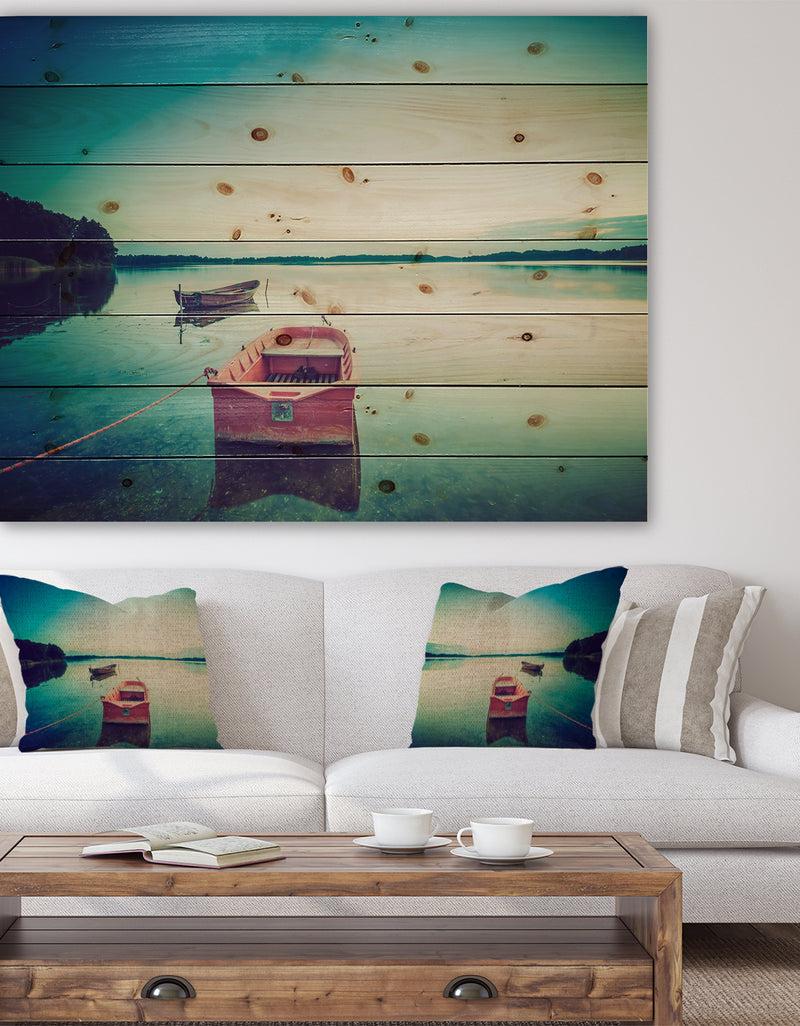 DesignQ Pink Boat in Vintage Lake - Boat Print on Natural Pine Wood