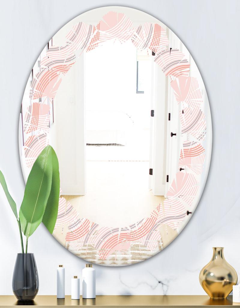 DesignQ Pink Elegant Pastel Waves - Modern Round Or Oval Wall Mirror - Leaves