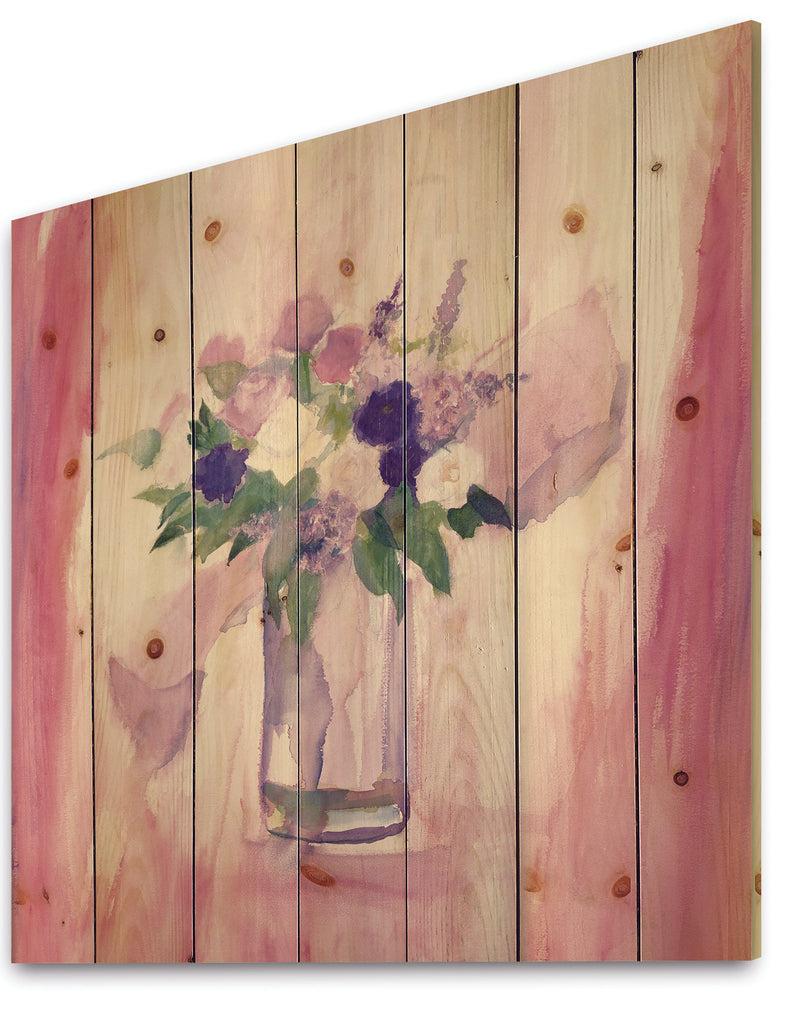 DesignQ Pink Flower Still Life - Shabby Chic Print On Natural Pine Wood