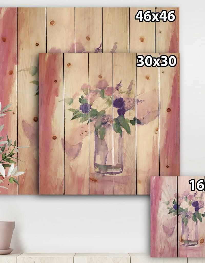DesignQ Pink Flower Still Life - Shabby Chic Print On Natural Pine Wood