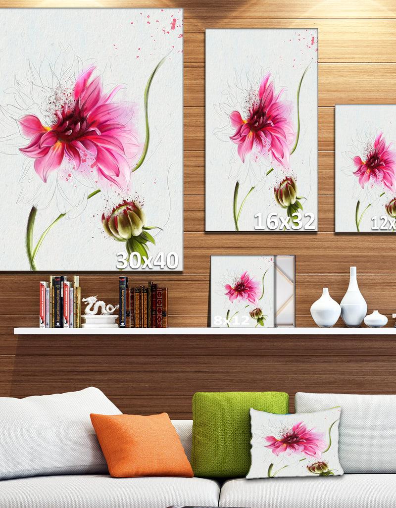 DesignQ Pink Flower With Stem And Bud - Extra Large Floral Canvas Art
