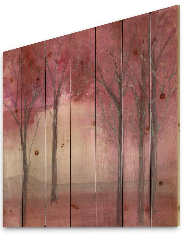 DesignQ Pink Forest - Traditional Landscape Print On Natural Pine Wood