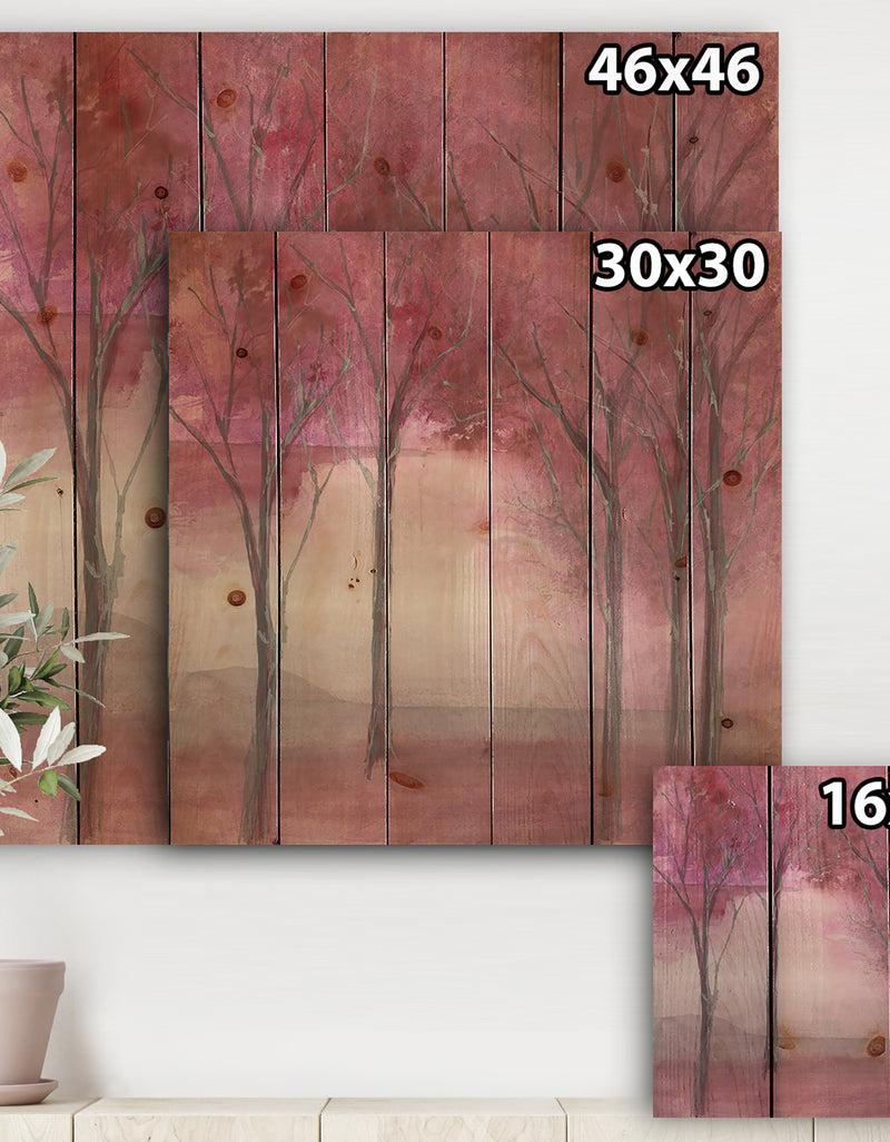 DesignQ Pink Forest - Traditional Landscape Print On Natural Pine Wood