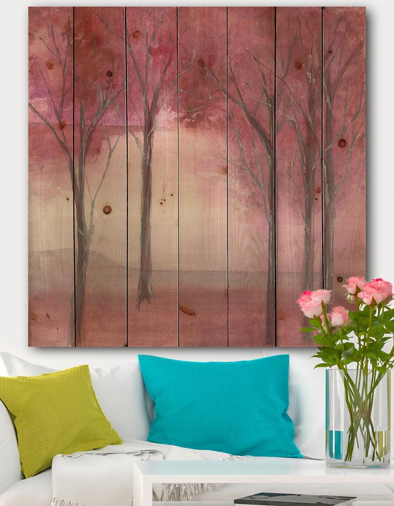DesignQ Pink Forest - Traditional Landscape Print on Natural Pine Wood