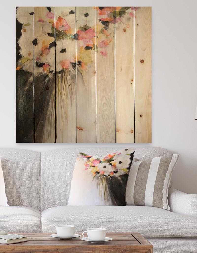 DesignQ Pink Pastel Flowers - Farmhouse Print on Natural Pine Wood