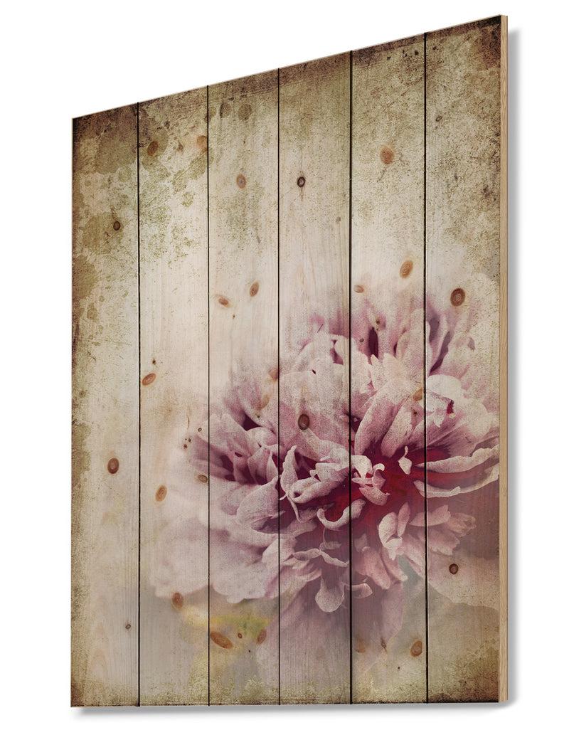 DesignQ Pink Peony In Vintage Style - Floral Art Print On Natural Pine Wood