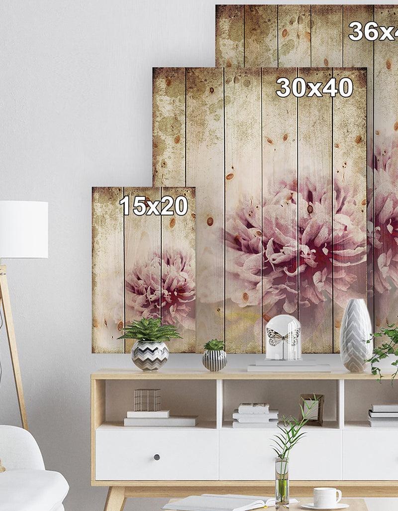 DesignQ Pink Peony In Vintage Style - Floral Art Print On Natural Pine Wood