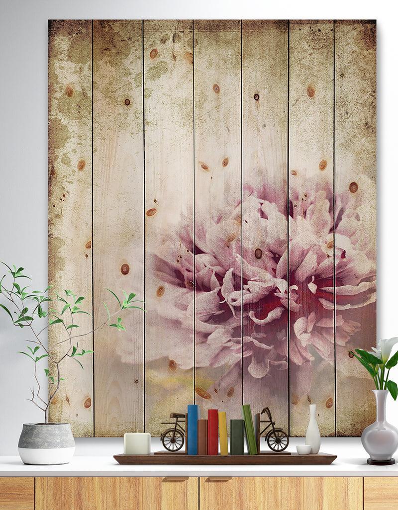DesignQ Pink Peony in Vintage Style - Floral Art Print on Natural Pine Wood