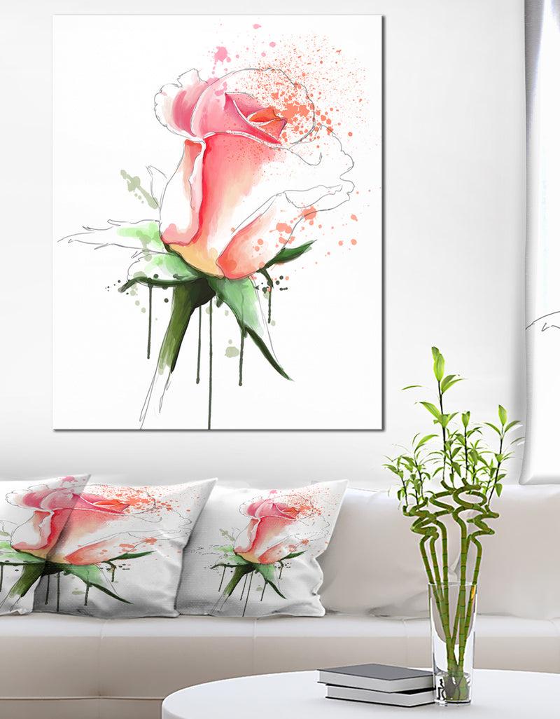 DesignQ Pink Rose Sketch with Green Calyx - Floral Canvas Artwork Print