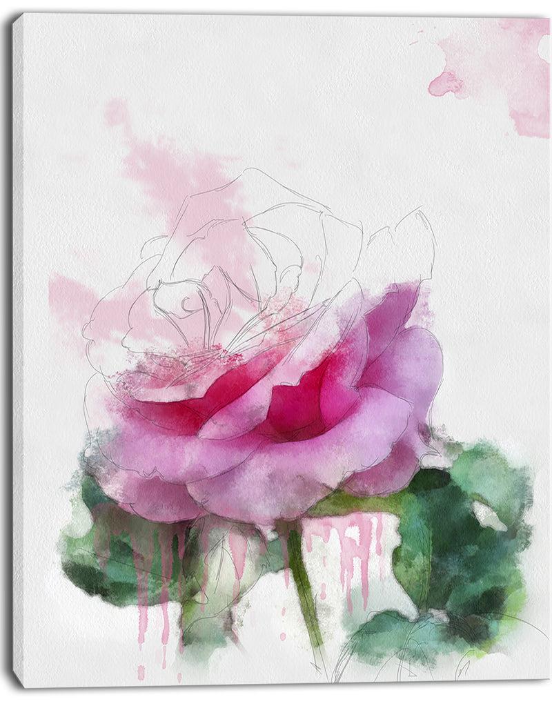 DesignQ Pink Rose Stem With Paint Splashes - Large Floral Canvas Artwork