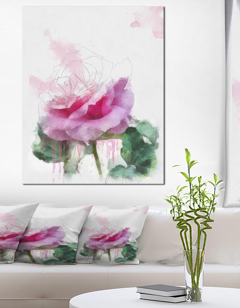DesignQ Pink Rose Stem With Paint Splashes - Large Floral Canvas Artwork