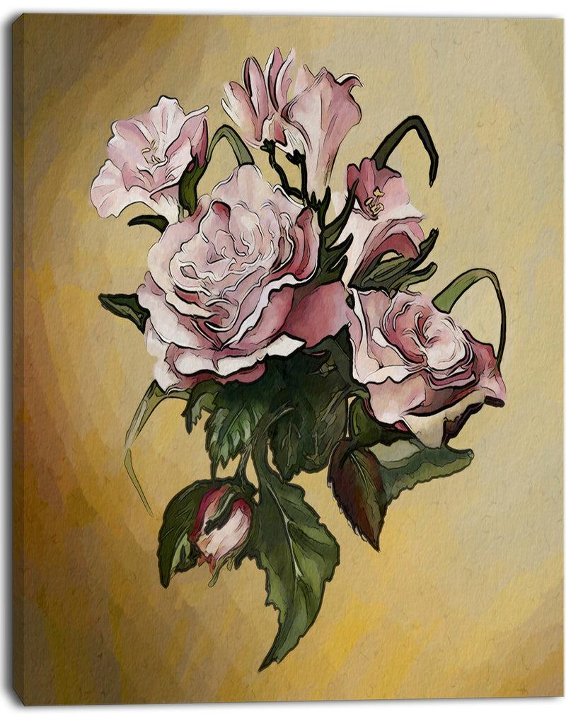 DesignQ Pink Rose With Leaves Watercolor - Floral Canvas Artwork Print