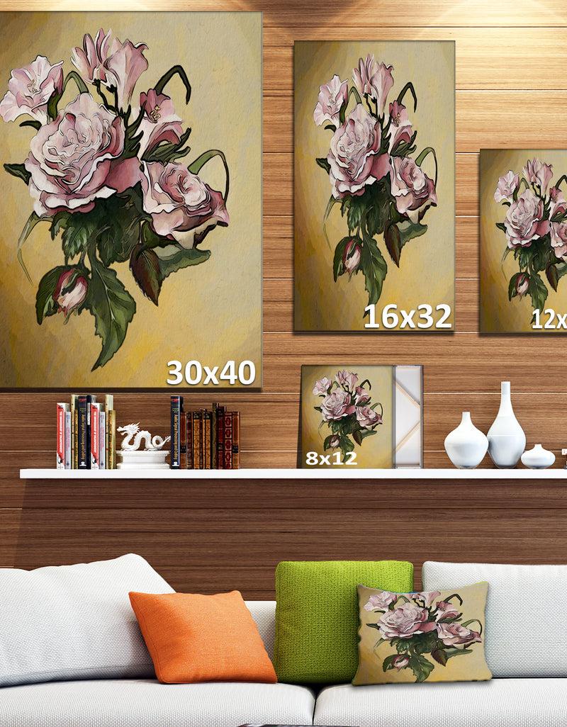 DesignQ Pink Rose With Leaves Watercolor - Floral Canvas Artwork Print