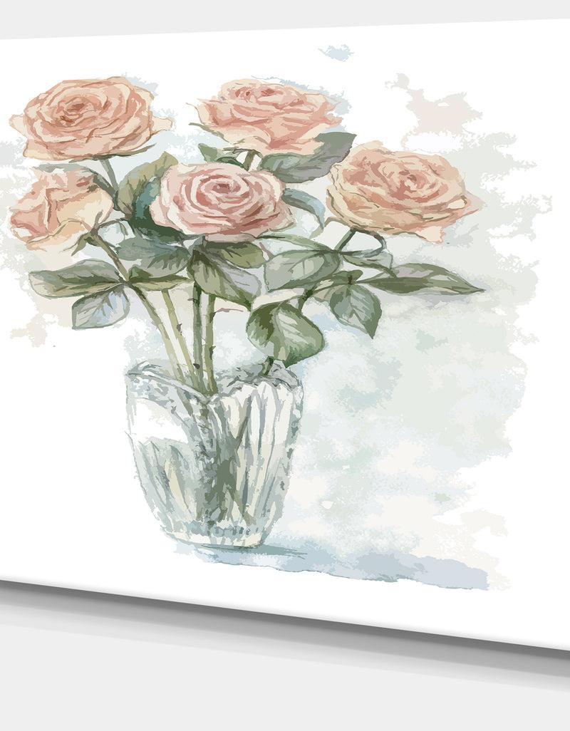 DesignQ Pink Roses Bunch In The Vase - Modern Flower Canvas Wall Artwork