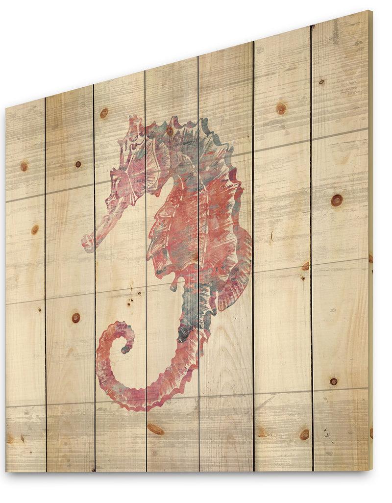 DesignQ Pink Seahorses Ocean Life - Nautical & Coastal Print On Natural Pine Wood