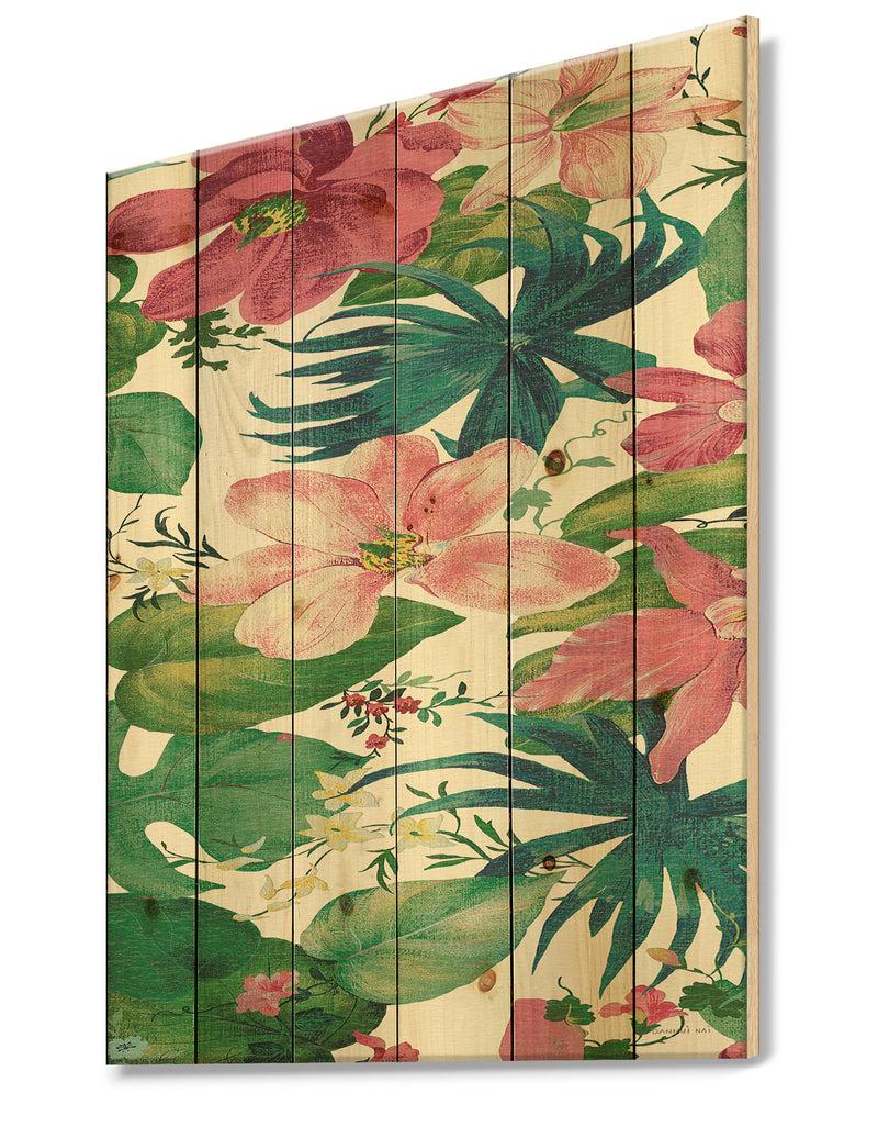 DesignQ Pink Tropical Flowers - Cabin & Lodge Print On Natural Pine Wood