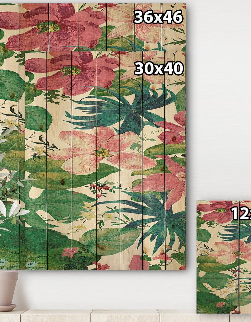 DesignQ Pink Tropical Flowers - Cabin & Lodge Print On Natural Pine Wood