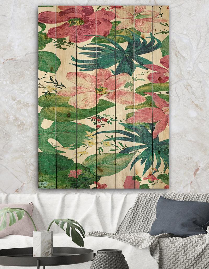 DesignQ Pink Tropical Flowers - Cabin & Lodge Print on Natural Pine Wood