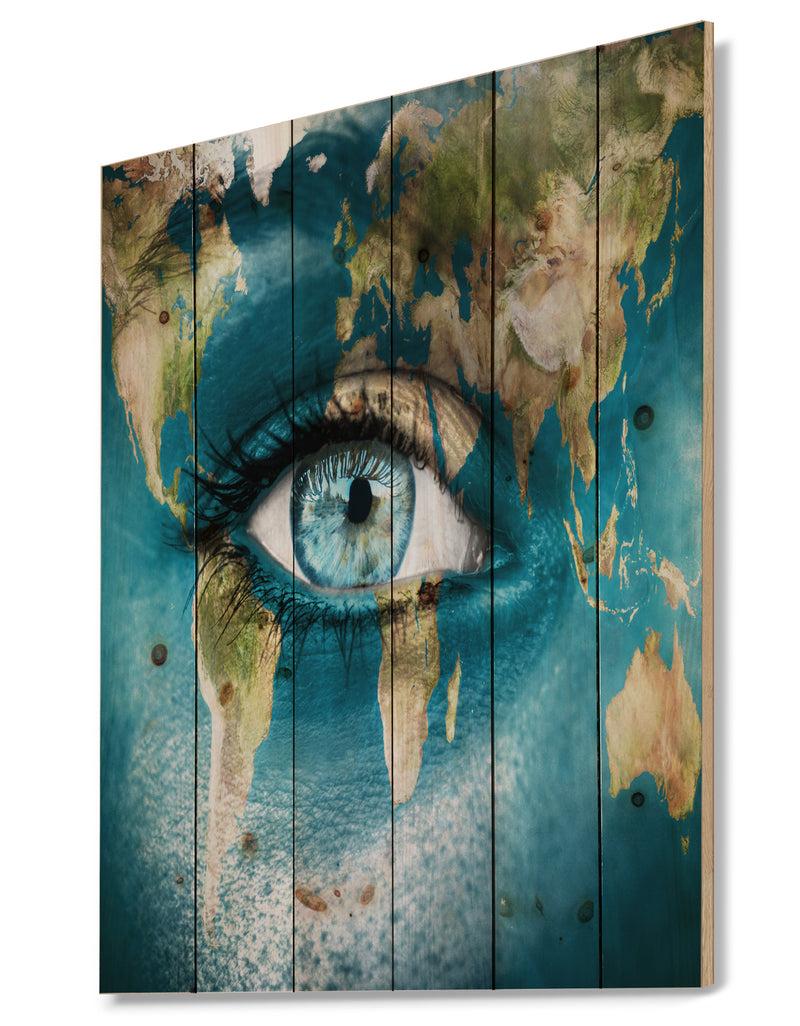 DesignQ Planet Earth And Blue Eye - Abstract Print On Natural Pine Wood