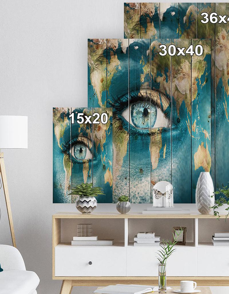 DesignQ Planet Earth And Blue Eye - Abstract Print On Natural Pine Wood