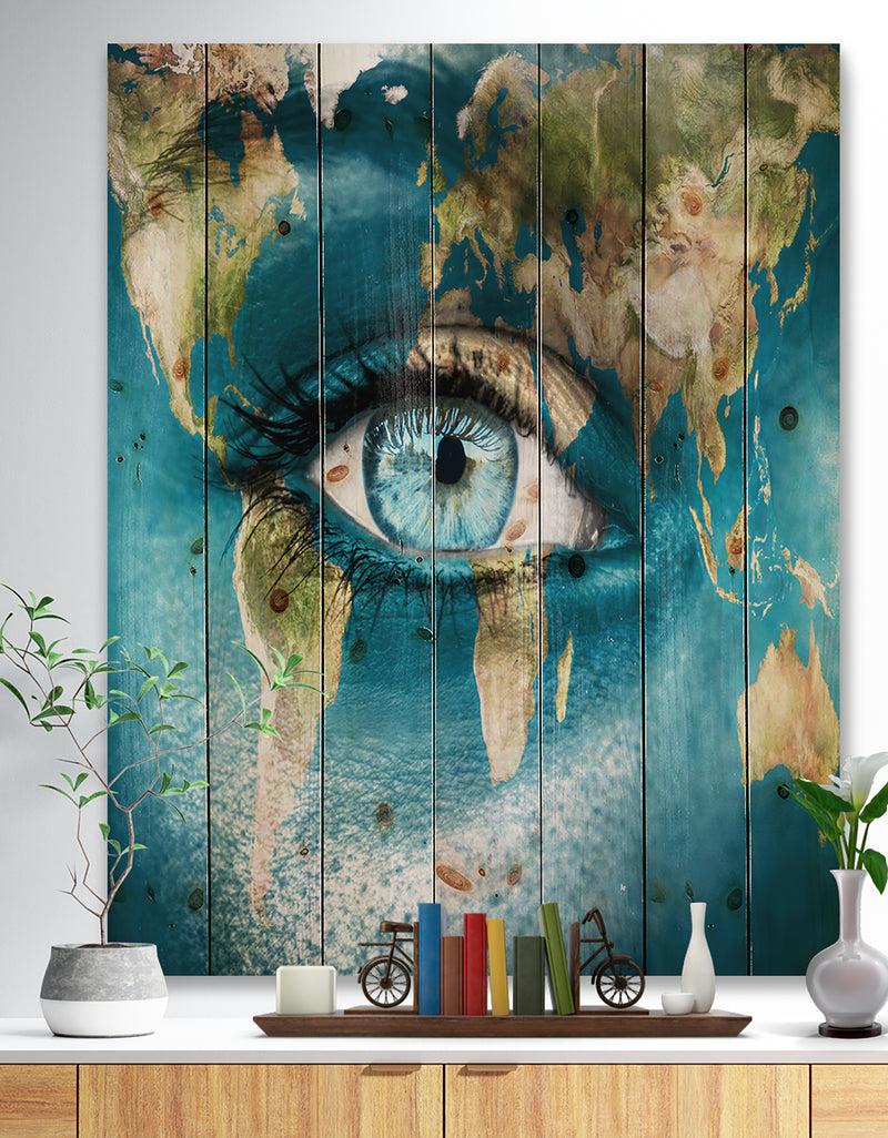 DesignQ Planet Earth and Blue Eye - Abstract Print on Natural Pine Wood