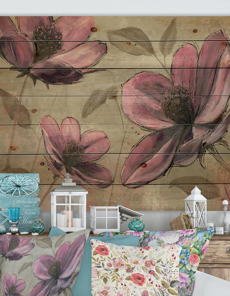 DesignQ Plum Pink Cottage Flowers - Traditional Print on Natural Pine Wood
