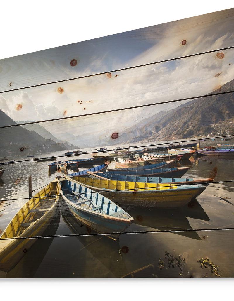 DesignQ Pokhara Lakeside Boats - Boat Print On Natural Pine Wood