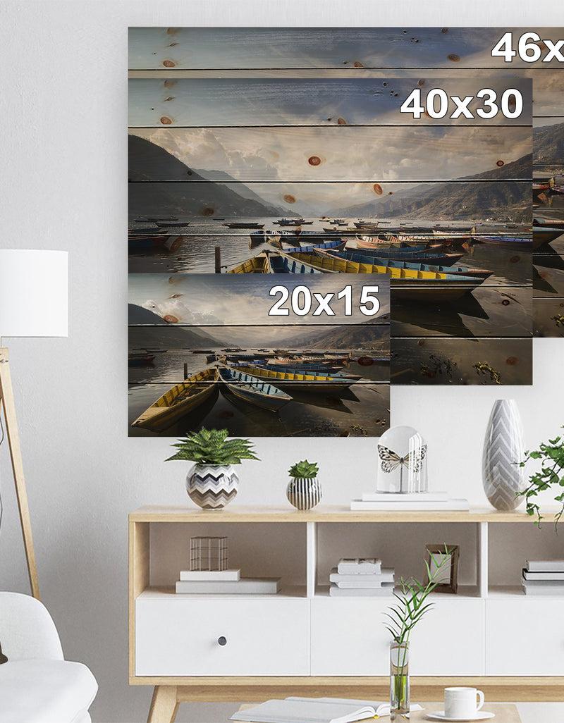 DesignQ Pokhara Lakeside Boats - Boat Print On Natural Pine Wood