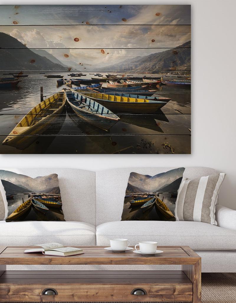 DesignQ Pokhara Lakeside Boats - Boat Print on Natural Pine Wood