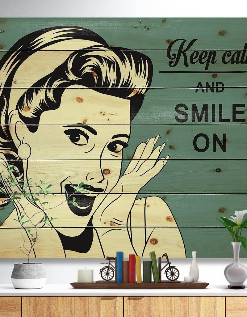 DesignQ Pop Art Retro Woman - Abstract Portrait Print on Natural Pine Wood