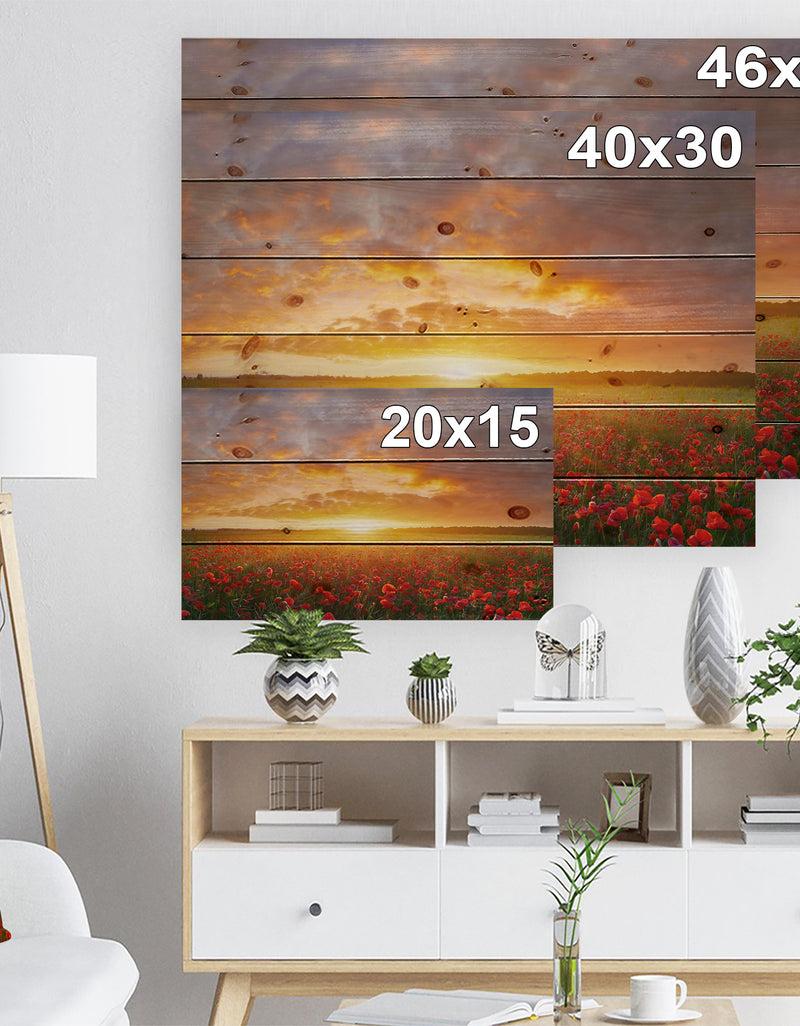 DesignQ Poppy Field Under Bright Sunset - Landscape Print On Natural Pine Wood