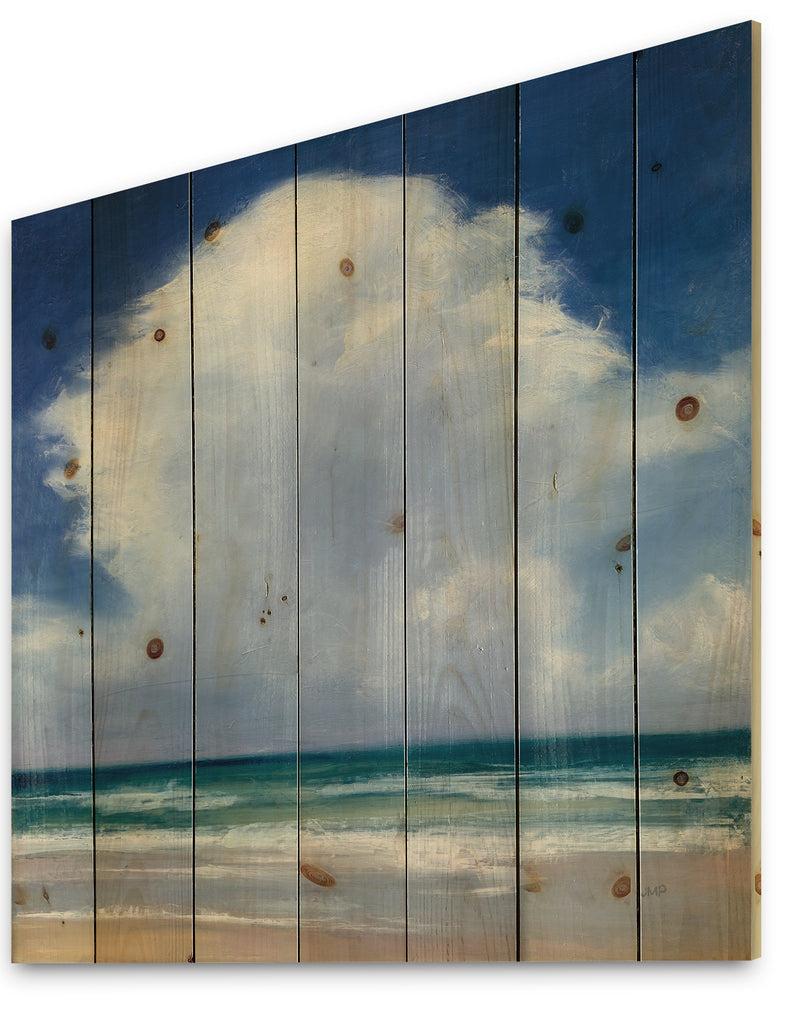 DesignQ Porch & Den Beach Clouds II - Landscape Print On Natural Pine Wood