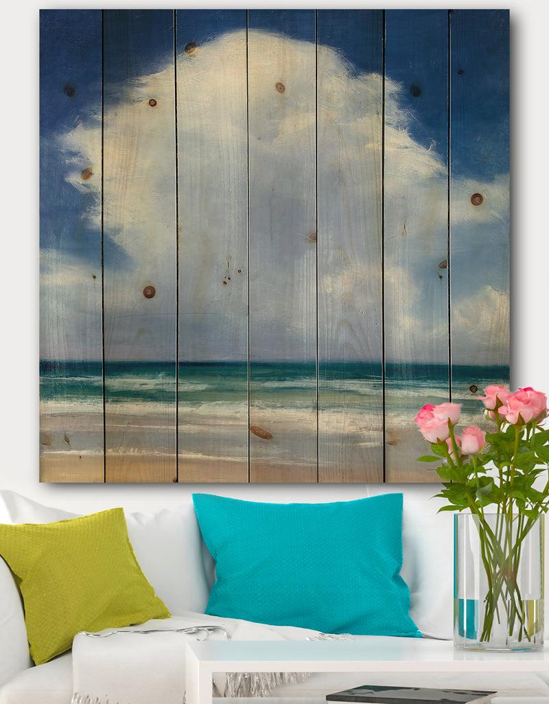 DesignQ Porch & Den Beach Clouds II - Landscape Print on Natural Pine Wood