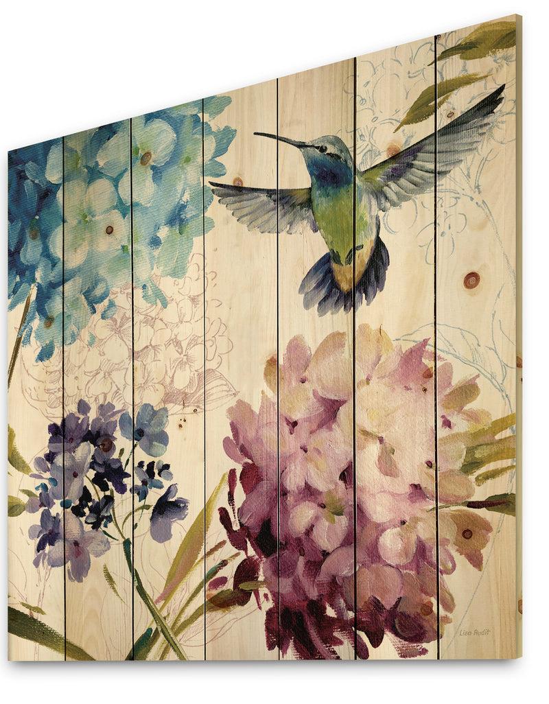 DesignQ Porch & Den Hummingbird Blue Cottage Flower - Print On Natural Pine Wood