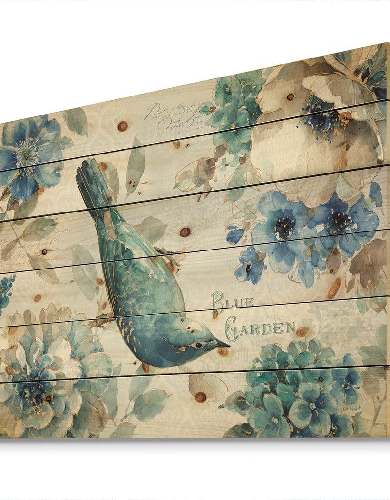 DesignQ Porch & Den Indigold Bird Cottage Family V - Print On Natural Pine Wood