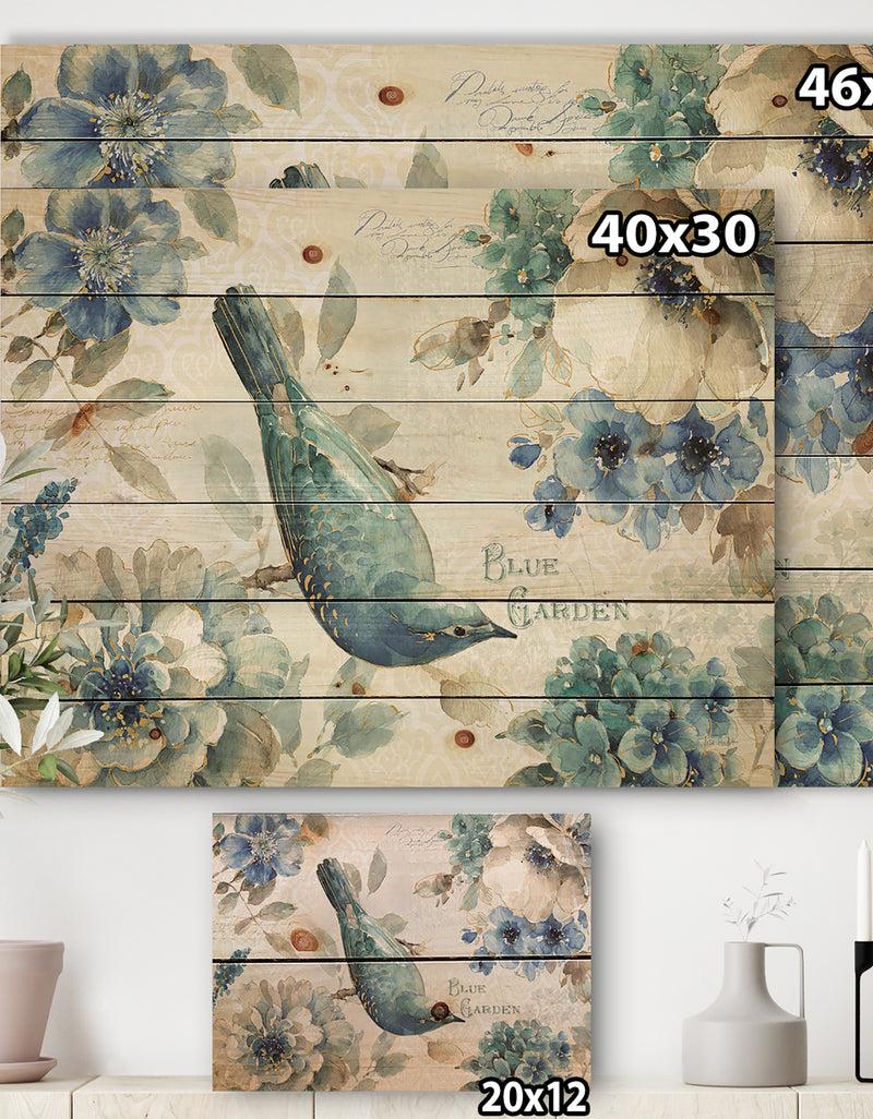 DesignQ Porch & Den Indigold Bird Cottage Family V - Print On Natural Pine Wood