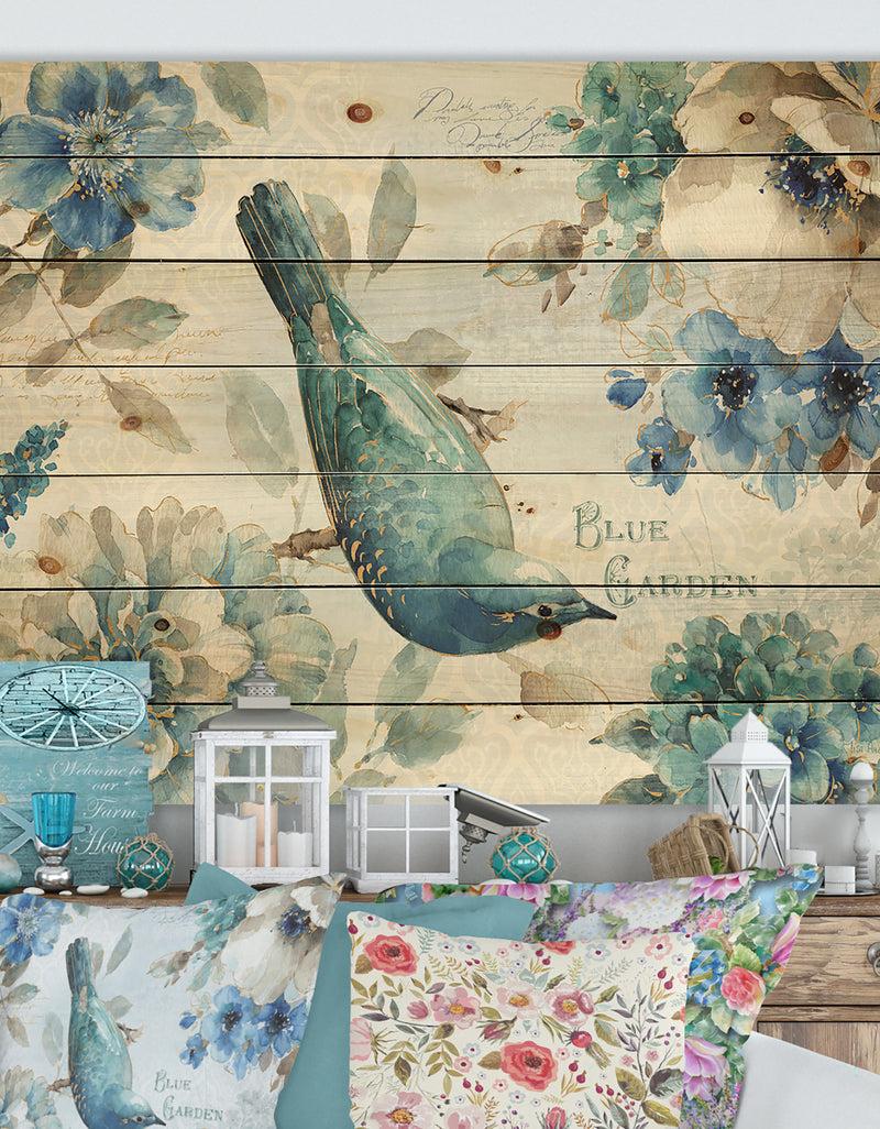 DesignQ Porch & Den Indigold Bird Cottage Family V - Print on Natural Pine Wood