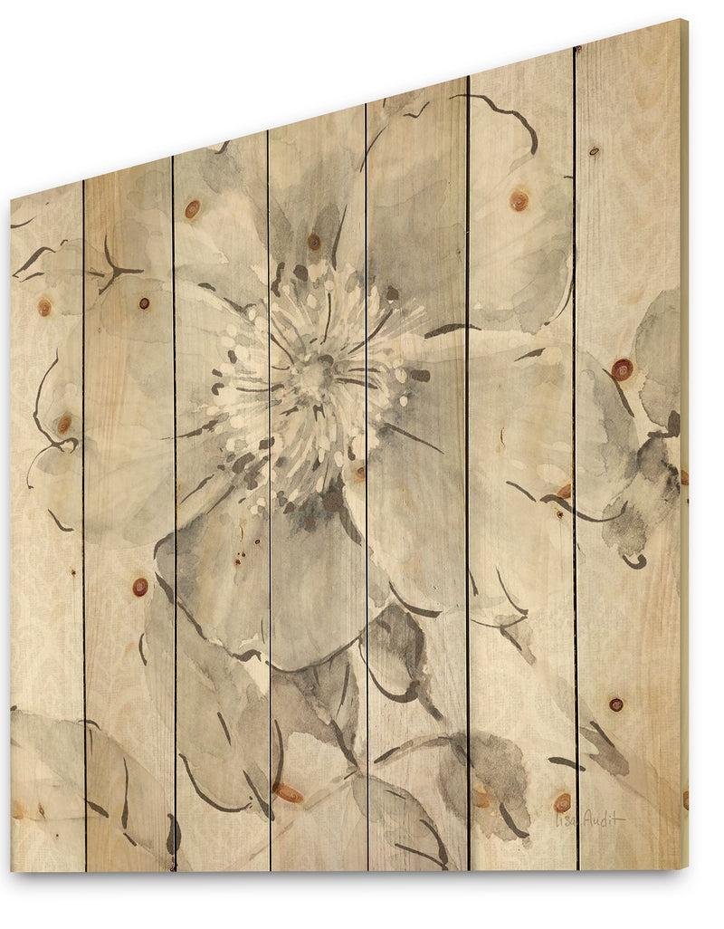 DesignQ Porch & Den Indigold Grey Peonies II - Print On Natural Pine Wood