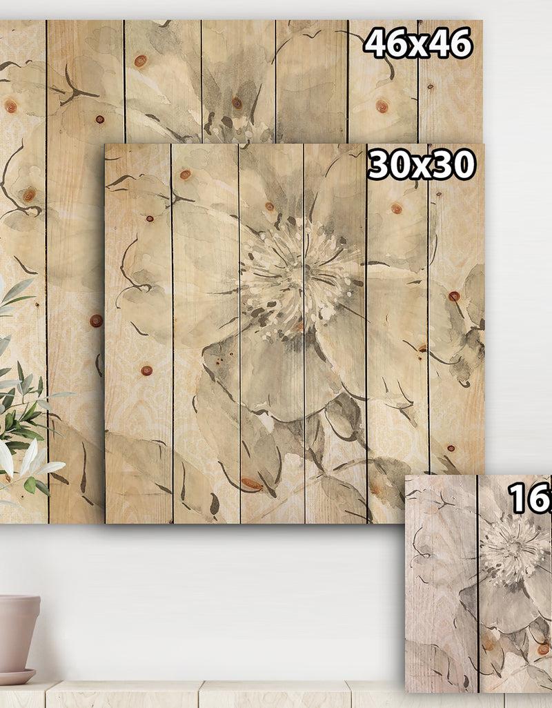 DesignQ Porch & Den Indigold Grey Peonies II - Print On Natural Pine Wood