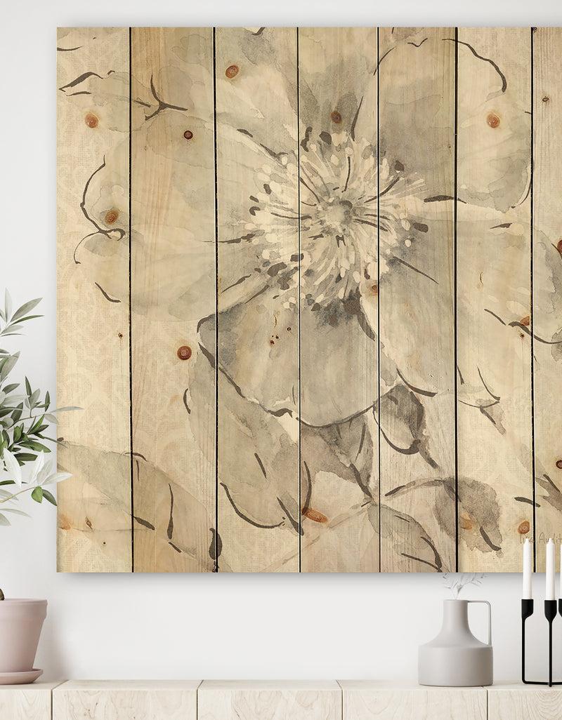DesignQ Porch & Den Indigold Grey Peonies II - Print on Natural Pine Wood