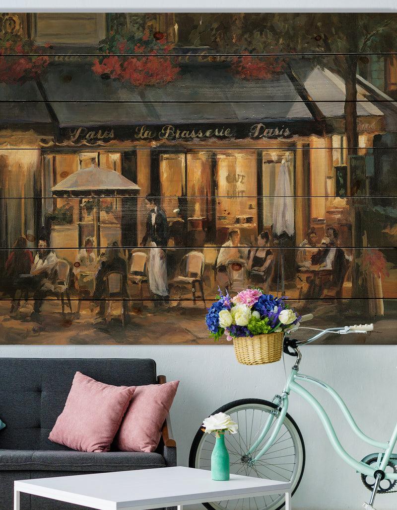 DesignQ Porch & Den La Brasserie of Champs-elysees Paris - Print on Natural Pine Wood