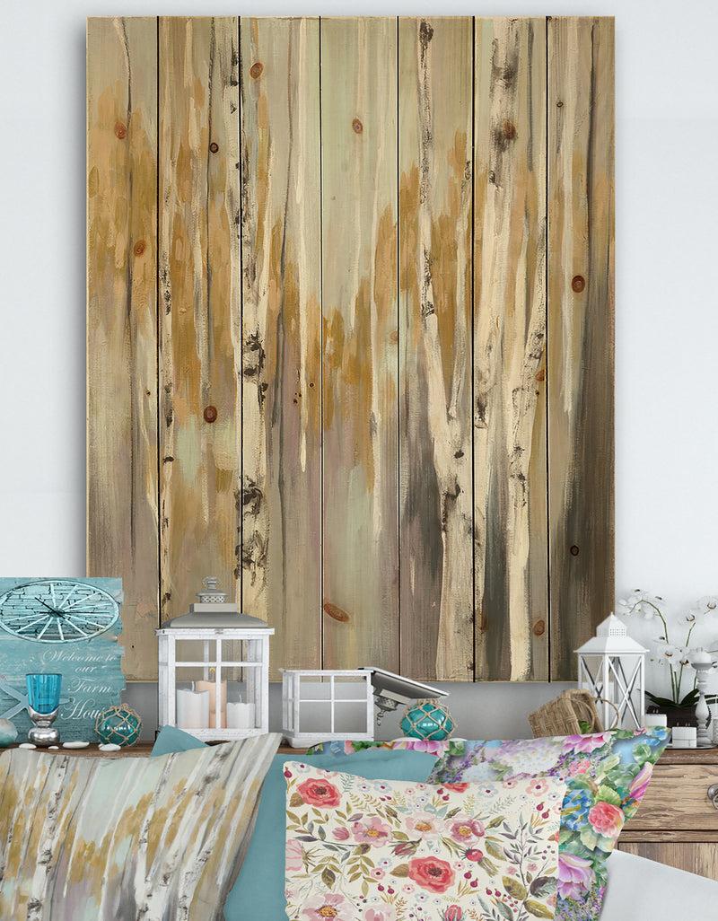 DesignQ Porch & Den Silver and Yellow Birch Forest II - Cottage Print on Natural Pine Wood