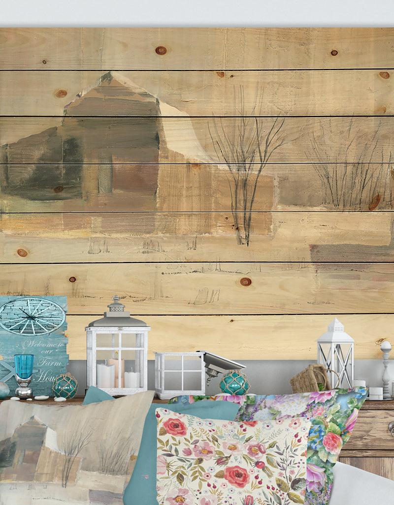 DesignQ Porch & Den Winter on the Farm house - Landscape Print on Natural Pine Wood