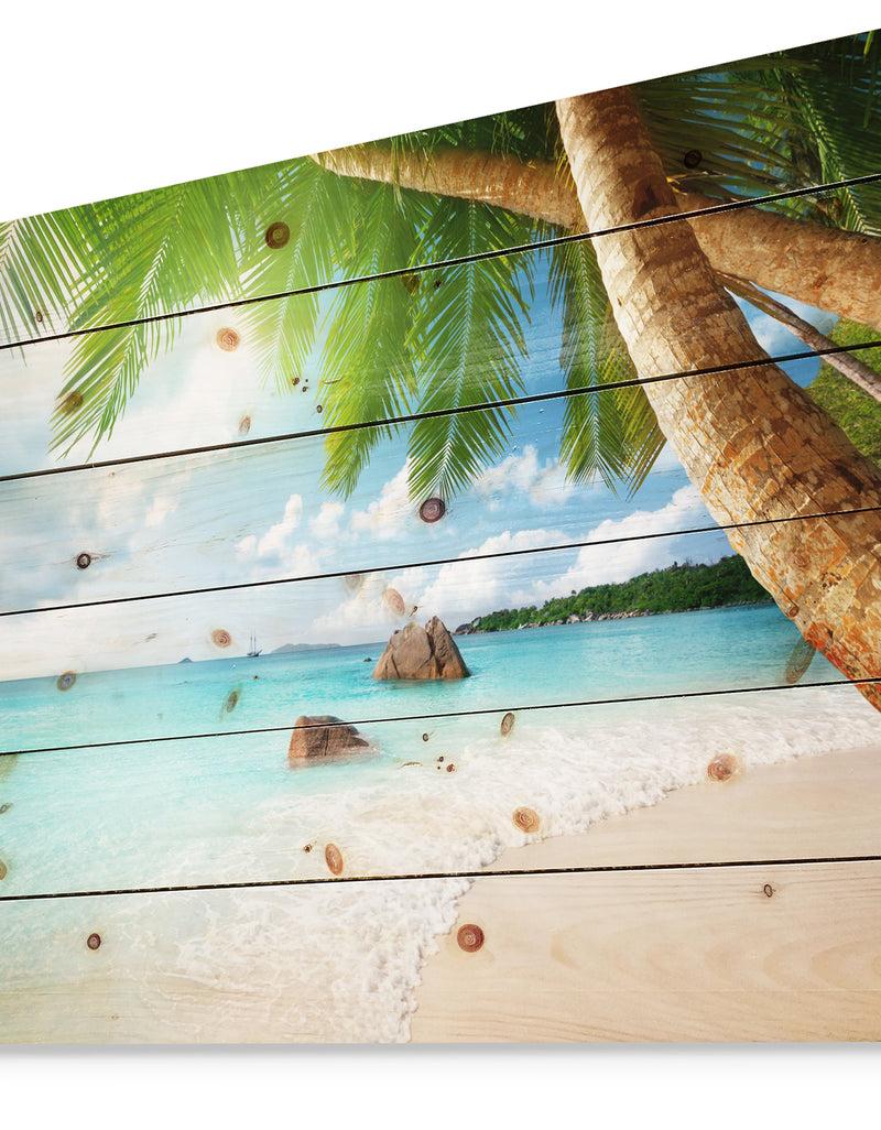 DesignQ Praslin Island Seychelles Beach - Seashore Photo Print On Natural Pine Wood