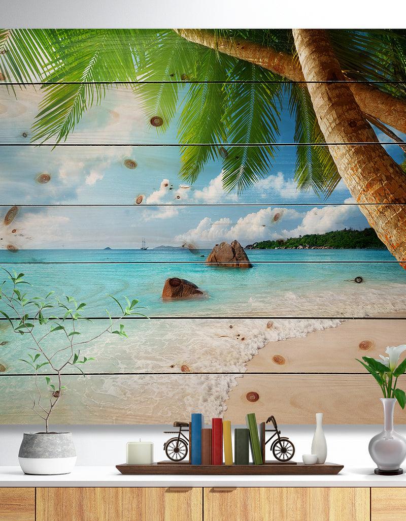 DesignQ Praslin Island Seychelles Beach - Seashore Photo Print on Natural Pine Wood