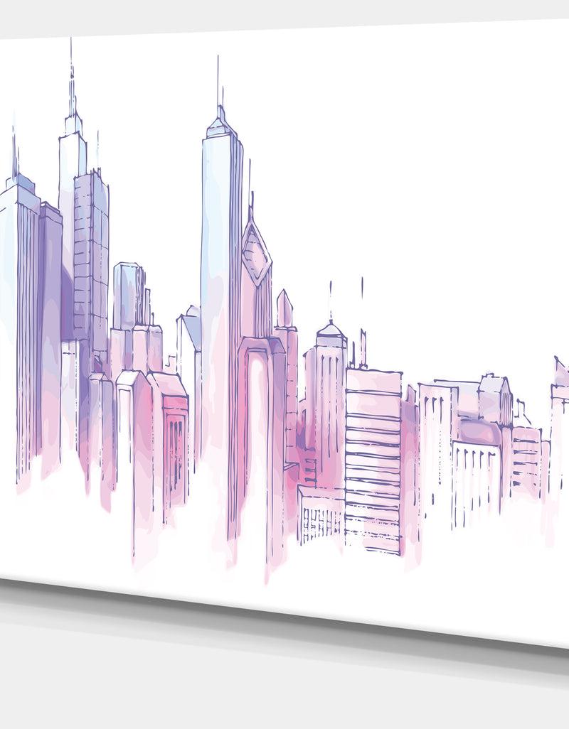 DesignQ Purple City Skyline - Cityscape Painting Canvas Print