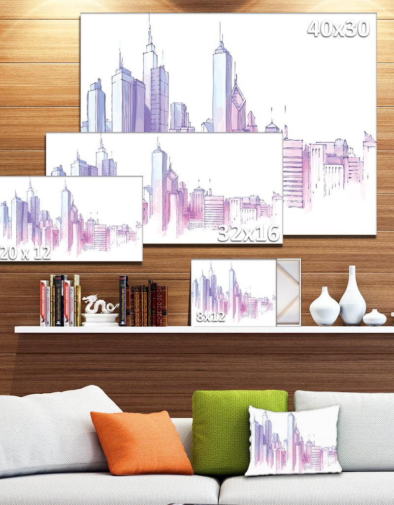 DesignQ Purple City Skyline - Cityscape Painting Canvas Print