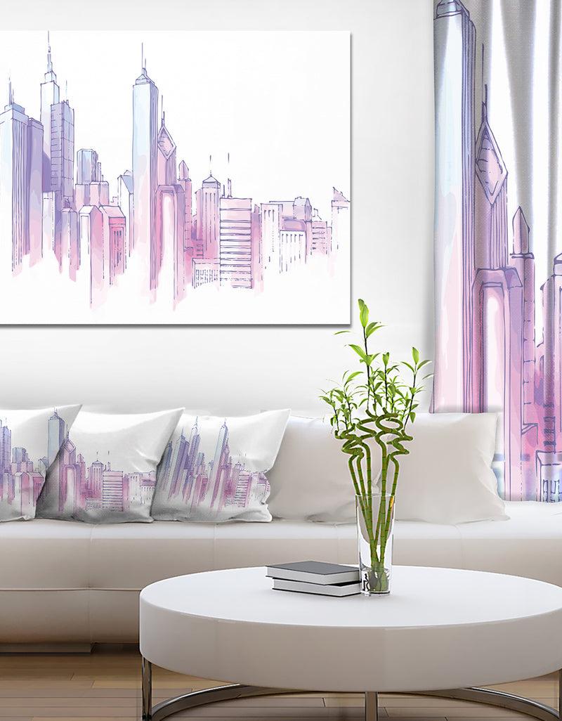DesignQ Purple City Skyline - Cityscape Painting Canvas Print