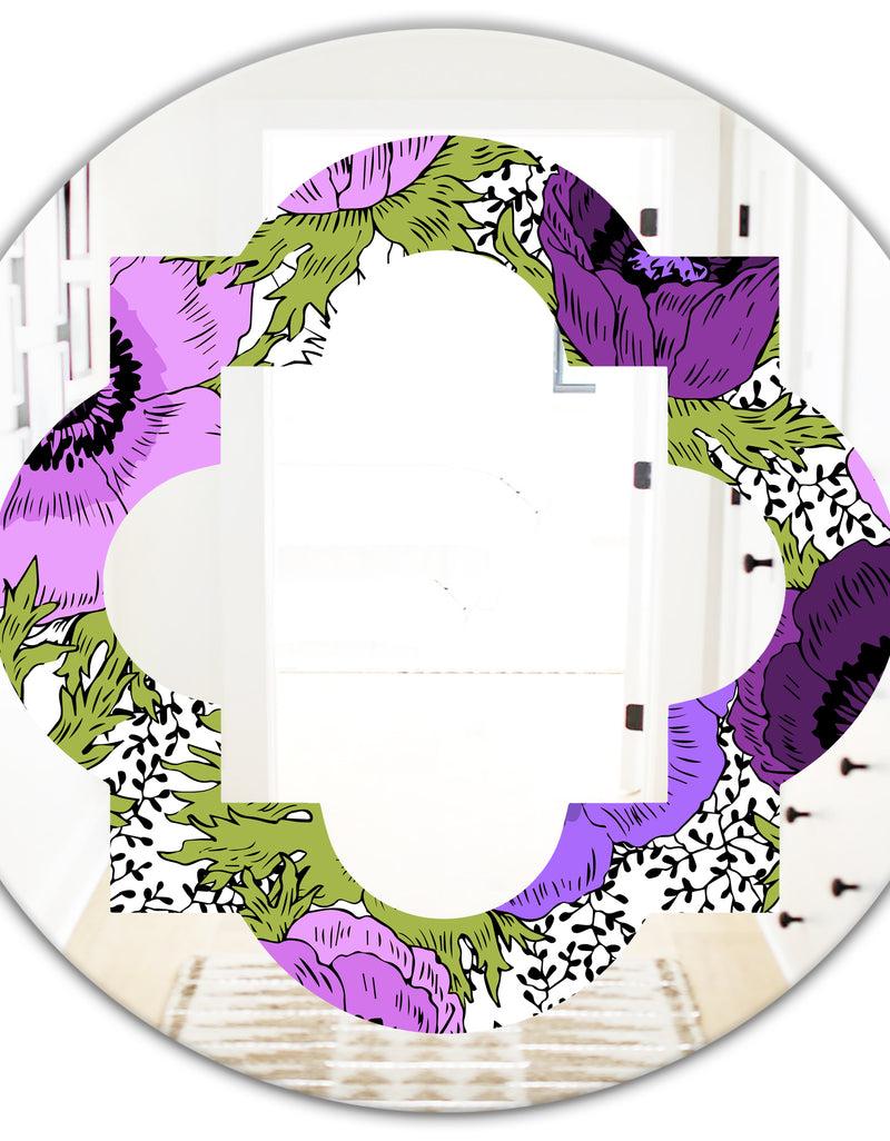 DesignQ Purple Retro Fantasy Flowers - Cottage Round Or Oval Wall Mirror - Quatrefoil